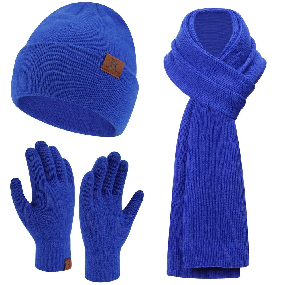 3876 Winter Warm Beanie Hats Long Scarf Neck Touchscreen Gloves Set Ribbed